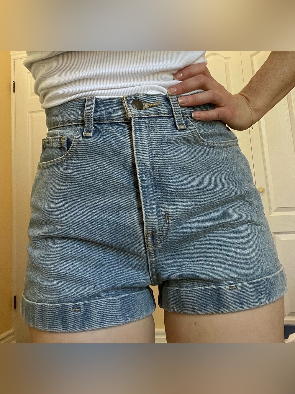 American Apparel Light Blue High-Waist Rolled Hem Jean Shorts